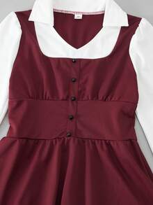 SHEIN Explorewe 女童学院风背心二合一休闲连衣裙，甜美优雅束腰开学装 - 酒紅色 - 查看 7