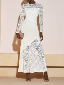 Zivah 2025 Toamnă/Iarnă Anul Nou, Ziua Îndrăgostiților, Petrecere, Banchet, Întâlnire, Petrecere de ziua de naștere, Stil universitar, Ținută studențească, Casual zilnic, Simplu versatil, Casual, Călătorii în croazieră, Hit viral, Elegant, Naveta, Casual business, Minimalist, Decolteu rotund cu mânecă lungă, Patchwork din dantelă cu paiete argintii, Tiv strâns în talie, Rochie maxi extra lungă de culoare caisă, Rochie de petrecere, Rochie maxi de damă