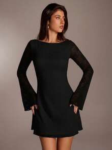 SHEIN Forever 21 Váy ngắn tay dài hở lưng in họa tiết cổ điển - màu đen - Xem 2