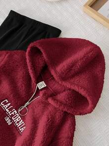 2pcs Baby Girl Cute Fleece Long Sleeve Letter Print Hoodie Sweatshirt And Knit Leggings Set, Autumn/Winter - Burgundy - View 4