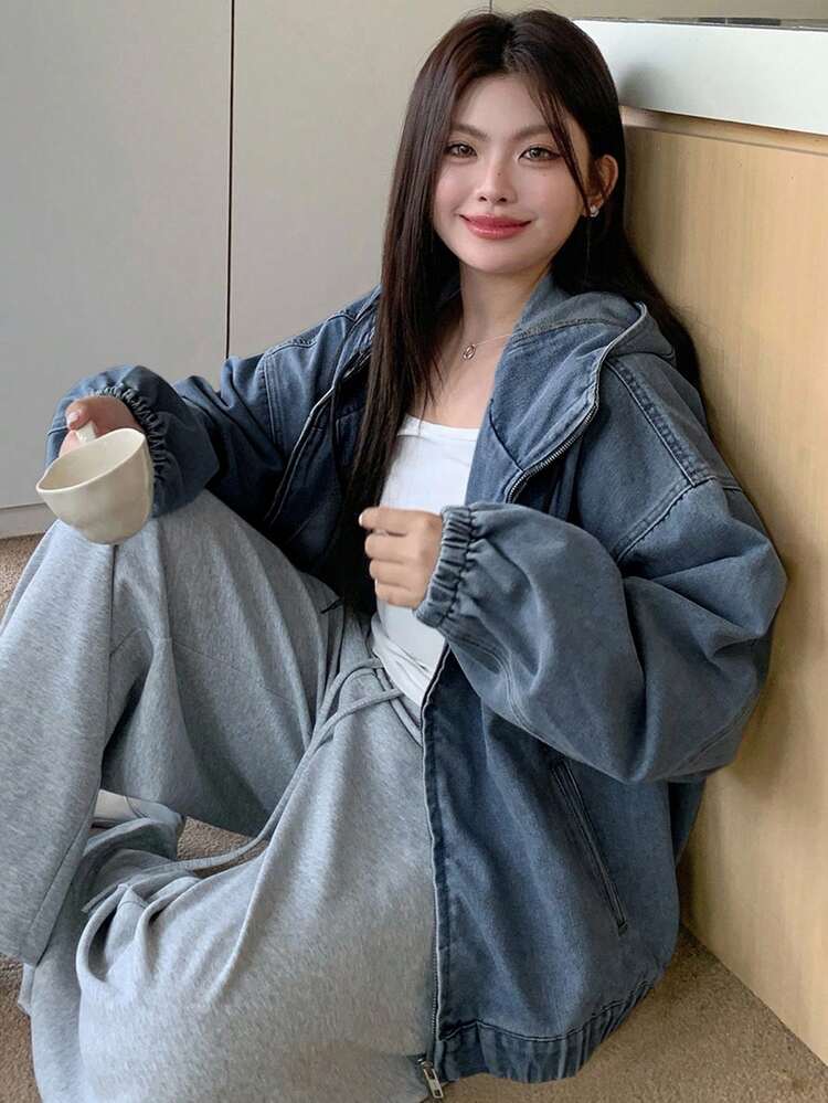 Dazy Plus Plus Size Women Light Wash Denim Jacket, Hooded Zip-Up Loose Lantern Sleeve Hem Drawstring Casual Outerwear