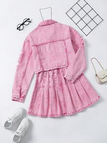 Tween Girls 2-Piece Denim Set, New Arrival For Autumn/Winter - Pink Denim, Y2K Style, Distressed Ripped, Fitted, Girls Denim Jacket & Pleated Mini Skirt, Comfortable Cotton Denim, Suitable For Daily Wear, Party, School, Commute Pink Denim Outfit Kids Kids Two Pieces Denim Outfit Pink Skirt Set Girls - Pink - View 2