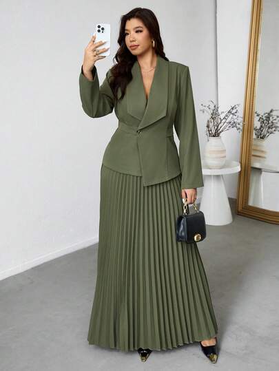 Firerie Plus Size Elegant Commuter Solid Color Jacket & PleateSkirtrt 2-Piece Set