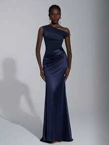 Elitara 优雅的勃艮第红色闪光金银线缎面拼布不对称肩部金属扣装饰鱼尾礼服，适合婚礼、所有正式场合、伴娘 - 藏蓝色 - 查看 3