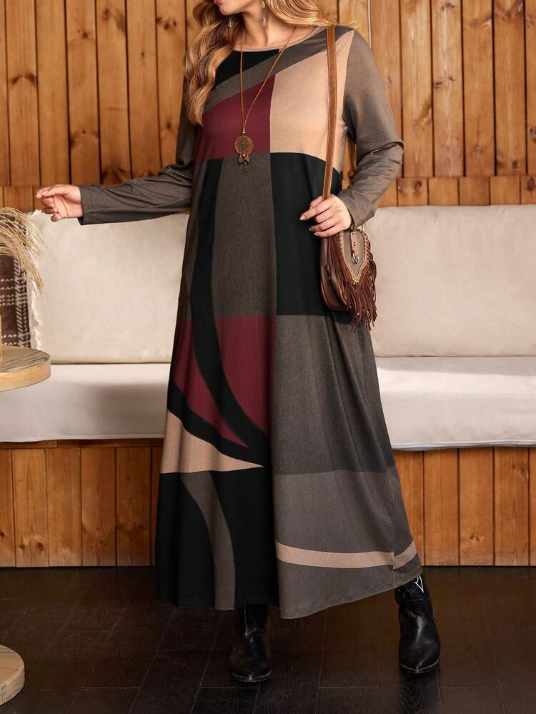 Plus Size Women  Country  Casual Vacation Round Neck Long Sleeve Geometric Print Color Block Long Dress With Pockets, ,Going Out Outfits, New Clothes,Simple And Fashionable For Everyday Wear, Plus Size ,  Outfit For Women ,New Year Clothes,,Thanksgiving Outfit For Women ,Flowy Dress,Comfortable And Breathable,Flower/Spring/Summer