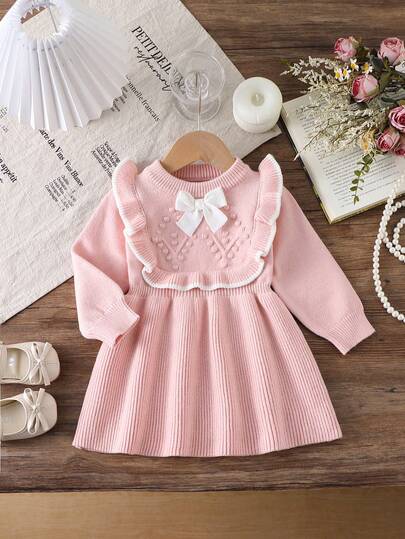 SHEIN Baby Girls Knitted Long Sleeve Sweater Dress, Suitable For Autumn/Winter, Pink & Light Pink, Versatile, Elegant, Ruffled Collar, Bow Decor, Fashionable, Cute, Suitable For School, Daily Wear, Home, Outdoor, Travel Pink Bow Baby Dress Baby Girl Long Sleeve Dress Ruffle Long Sleeve Blouse Baby Girl Clothes Spring Fall Baby Girl Autumn Clothes