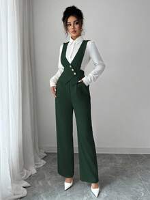 Selianne Women's Solid Color Button Design Elegant Commuter Jumpsuit, Autumn - Green - View 5