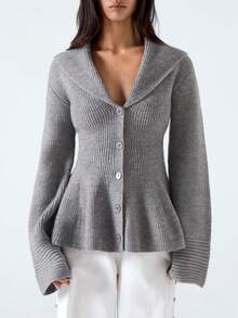 LYSMO 2025新款极简主义冬季女式灰色纯色长袖单排扣荷叶边针织开衫，秋冬灰色纽扣开衫，新年和圣诞节时尚单品，秋季 - 灰色 - 查看 7