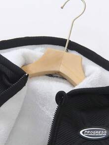 SHEIN Genkimix Kids 男童休闲几何花卉恐龙刺绣连帽拉链抓绒卫衣，舒适简约，秋冬款 - 黑色 - 查看 4