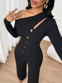 SHEIN Lady 女士时尚休闲纯色斜肩上衣和裤子两件套 - 黑色 - 查看 4