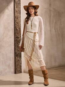 Wildy Women's Casual Asymmetrical Wavy Hem Flare Sleeve T-Shirt, Daily Wear, Autumn/Winter - Apricot - View 5