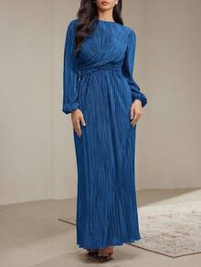 Veilorie Váy suông trơn màu họa tiết xoắn dành cho nữ, phong cách giản dị mùa thu - Màu xanh lam - Xem 4