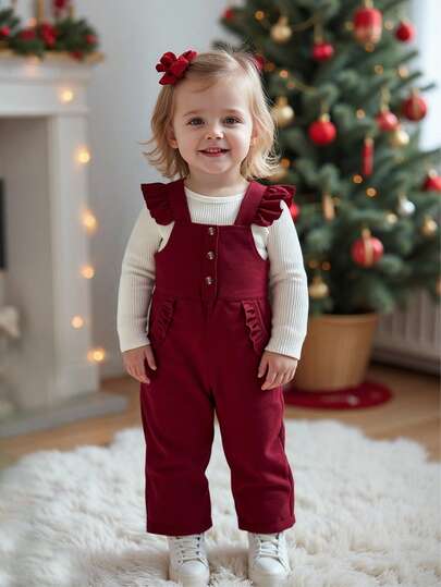 SHEIN 1 件女婴勃艮第灯芯绒连体裤，复古韩式休闲羊毛无袖连体裤，带口袋，阔腿裤，适合春秋冬、假日和日常穿着