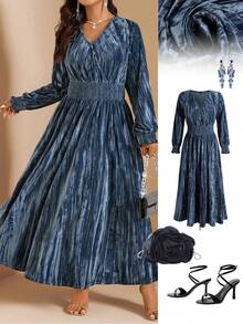 Comfylo Váy midi xếp ly nhung cỡ lớn - Màu xanh lam - Xem 3