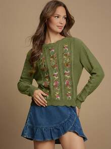 WESTFADE Floral Embroidered Cable Knit Crew Neck Long Sleeve Relaxed Knit Sweater - Green - View 4