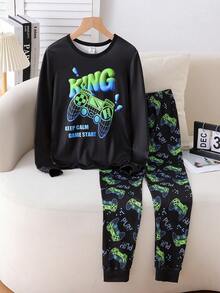 Tween Boy 黑色底色简约蓝色印花长袖舒适家居服套装 - 彩色 - 查看 9