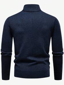 Manfinity Homme Men's Casual Diamond Pattern Stand Collar Sweater, Autumn/Winter Navy Blue Sweater Quarter Zip Sweater Men, Long Sleeve Top - Navy Blue - View 2