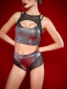 Menodora SHEIN Sport 女士金属质感镂空网眼拼接运动文胸和内裤套装 - 銀色 - 查看 5