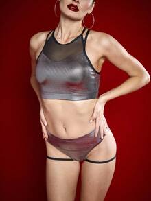 Menodora SHEIN Sport Women's Casual Sports Mesh Patchwork Tank Top Set - Silver - View 3