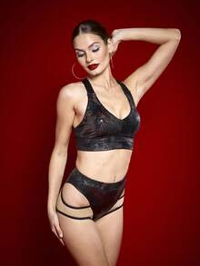 Menodora SHEIN Sport 女士仿鳄鱼纹运动文胸和镂空内裤套装 - 棕色 - 查看 5