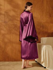 Anewsta Women's Elegant Faux Silk Lace Trim Contrast Cuffs Long Robe With Cozy And Elegant Details, Winter - Burgundy - View 2