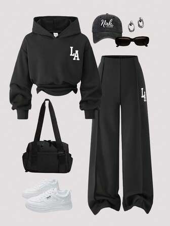 Girls Casual Knit Solid Color Front Graphic Letter Print Drop Shoulder Drawstring Hoodie Top & Pants 2 Piece Set