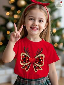 SHEIN Happikins 女童圣诞快乐休闲可爱甜美红色格子蝴蝶结驯鹿圣诞红节日圆领短袖T恤，适合夏季穿着，圣诞图案T恤，图案上衣，轻松舒适的红色图案衬衫，圣诞休闲印花圆领短袖T恤，蝴蝶结红色蝴蝶结T恤 - 彩色 - 查看 1