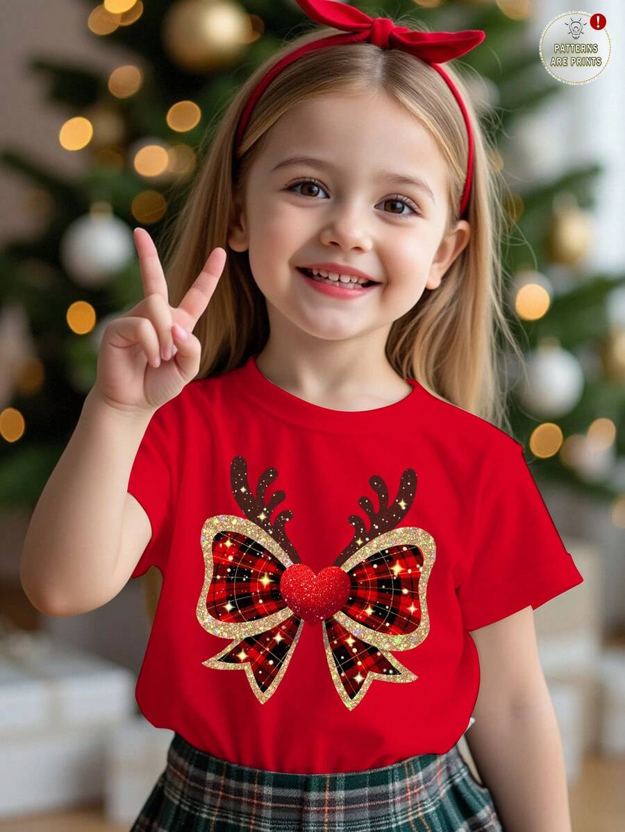 SHEIN Happikins 女童圣诞快乐休闲可爱甜美红色格子蝴蝶结驯鹿圣诞红节日圆领短袖T恤，适合夏季穿着，圣诞图案T恤，图案上衣，轻松舒适的红色图案衬衫，圣诞休闲印花圆领短袖T恤，蝴蝶结红色蝴蝶结T恤 - 彩色 - 查看 1