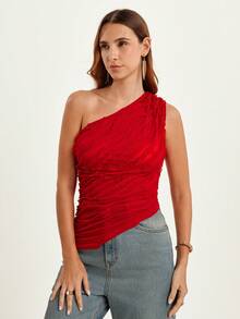 CAJUNI Women's Summer Vacation  Red  One Shoulder Sleeveless Crop Top, One Shoulder Top, Red Summer Top, Red Top - Red - View 8