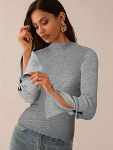 Lilora Long Sleeve Slit Metal Decor Bodycon Sweater In Fall/Winter - Grey - View 1