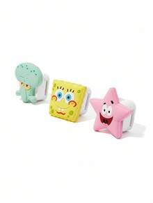 SpongeBob SquarePants | SHEIN 3 Pcs Cute Cartoon Shape Magnetic Data Cable Organizer, Desktop Phone Charging Cable Holder, Card Holder, Cable Organizer - Multicolor - View 4
