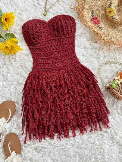 Soleia Women's Solid Color Fringe Hem Tube Top Knit Dress, Christmas Clothes, Christmas Sweater Women,Party Dress, Chic Blouses For Women, Fringe Dress