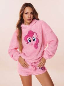 My Little Pony X SHEIN 女士休闲可爱卡通刺绣法兰绒连帽衫和抽绳腰短裤套装，秋冬 - 粉色 - 查看 6