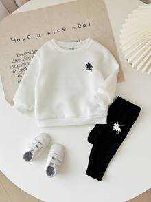 Babygirl 可爱针织印花卫衣和松紧腰裤套装，秋冬 - 黑與白 - 查看 4