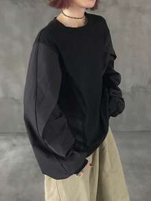 FRIFUL 女式休闲拼布长袖运动衫，秋冬 - 黑色 - 查看 5