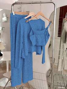 Chiquease 3 PiecesCasual Everyday Matching Camisole, Cardigan, And Elastic Waist Straight Pants Knit Set, Apricot Color, Autumn/Winter - Blue - View 2