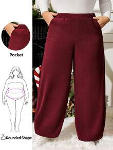 Enliva Plus Size Women's Red Corduroy Pants, With Pockets And Elastic Waist, Autumn/Winter, Compatible With Apple Rounded Body Shape, Valentine's Day, Love, Gift, Romance, Happy Valentine's Day,2026,New Year - Burgundy - View 1
