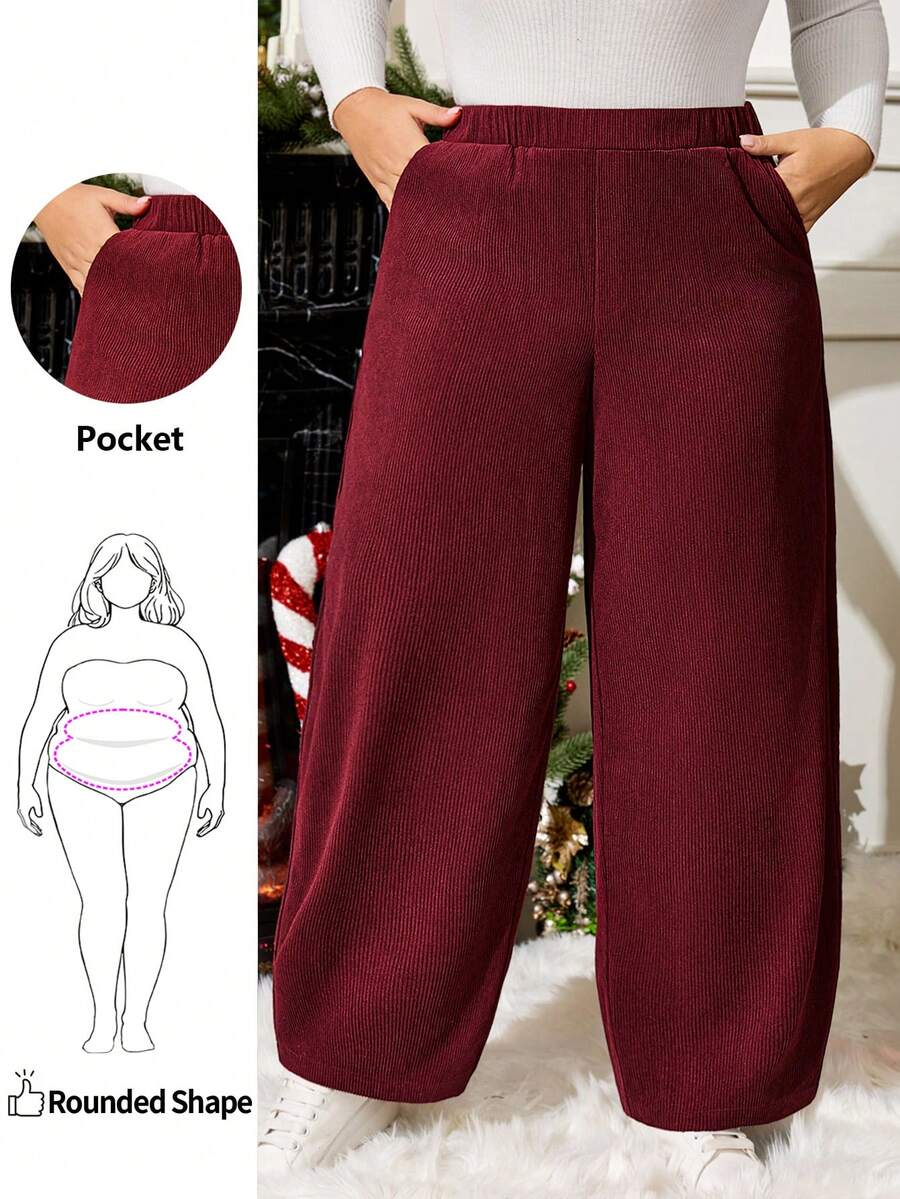 Enliva Plus Size Women's Red Corduroy Pants, With Pockets And Elastic Waist, Autumn/Winter, Compatible With Apple Rounded Body Shape, Valentine's Day, Love, Gift, Romance, Happy Valentine's Day,2026,New Year - Burgundy - View 1
