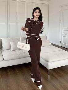 Feyla 2pcs Women Contrast Color Block Button Front Pocket Long Sleeve Top And Pants Set 2 Pieces Set In Fall/Winter - Coffee Brown - View 4