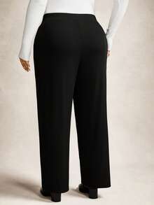 Zelara 大码女式纯色褶皱裤，黑色宽松阔腿裤，曲线款，波西米亚风度假风大码休闲百搭纯色裤，大码女式秋冬返校休闲居家瑜伽舒适户外纯黑色针织弹力高腰阔腿裤 - 黑色 - 查看 4