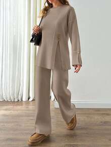 EURMUSE 2pcs/Set Women's Fashionable Design Loose Slit Knit Sweater And High Waist Wide Leg Pants Set, Autumn/Winter - Beige - View 2