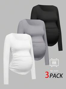 SHEIN Áo thun ôm dáng màu trơn đơn giản dành cho bà bầu, mùa thu - Xám - Xem 4