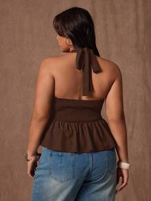 Rustia Plus Size Women Wide Strap Halter Neck Ruffle Hem Cinched Waist Casual Tank Top, Suitable For Work And Daily Wear Casual