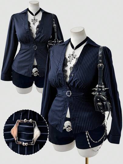 Sweetra Plus Size Women's Square Neck Lace Patchwork Striped Long Sleeve Waist Cinched Metal Button Elegant Vintage Casual Office Shirt