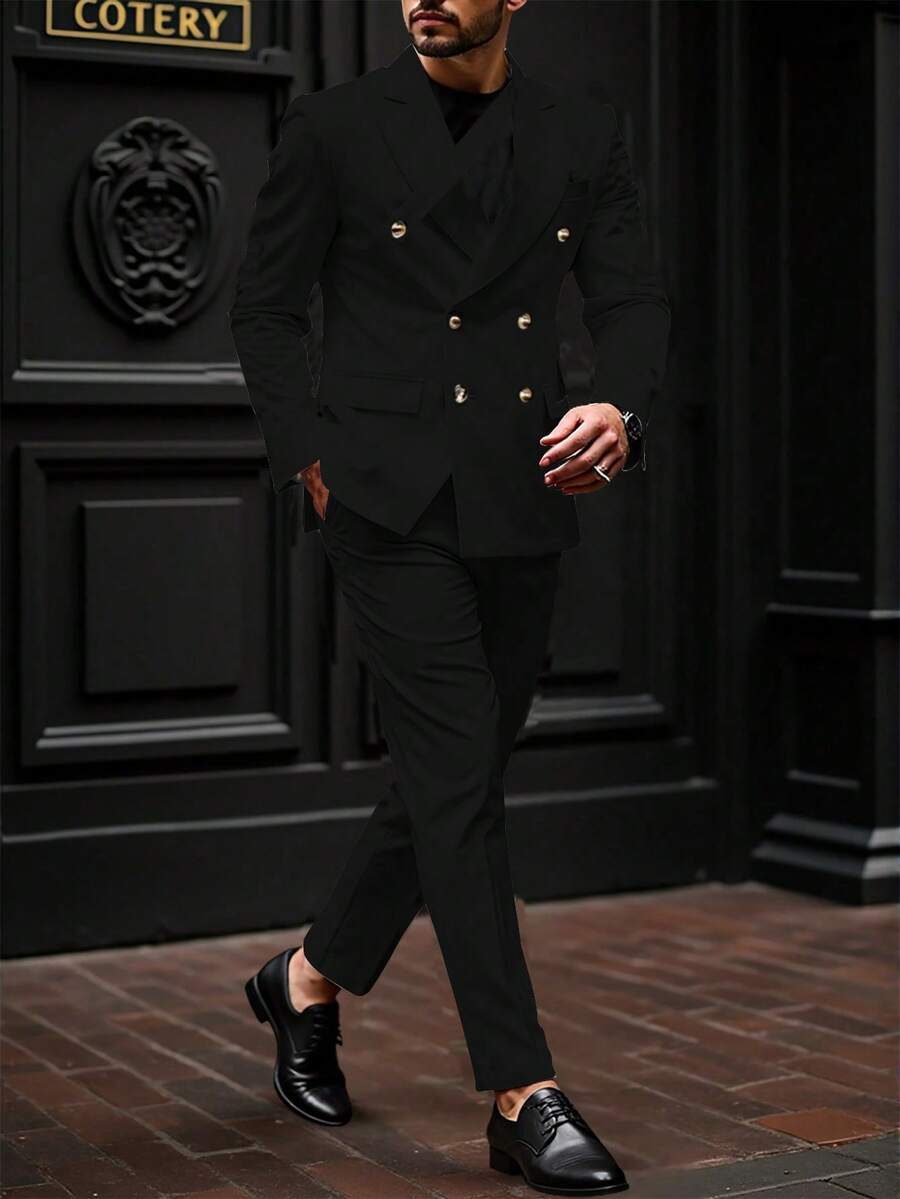 Manfinity Mode 2 件套男士纯色双排扣夹克和长裤套装，送给男朋友的礼物，白色男士西装 - 黑色 - 查看 1