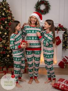 Tween Girls Christmas Pajama Set,Cute Pixel Heart & Deer Allover Print Snug Fit Long Sleeve Top And Pants,Matching Family Red And White Gingham Autumn - Green - View 5