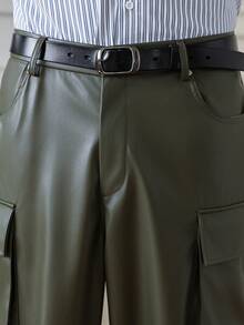 HUEFORM Men's Casual Fashion Street PU Leather Flap Pocket  Relaxed Fit Wide Leg Pants Men Pants Dress Olive Green Pants Men For Winter - Dark Green - View 3