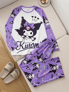 HELLO KITTY AND FRIENDS | SHEIN 2 件套女童可爱卡通图案圆领插肩袖上衣和宽松裤子休闲睡衣套装 - 彩色 - 查看 1