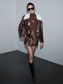 Lumivelle 女士冬季外套，时尚通勤系列，人造毛领，下摆抽绳设计，宽松长袖外套