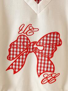 Elladie kids Set de 2 piezas Sudadera con cuello a cuadros y manga larga con gran lazo bordado para niñas preadolescentes, con puños a cuadros con lazo, alegre y lindo, combinado con falda plisada a cuadros rojos y blancos, dulce y enérgico, muy adecuado para niñas pequeñas - Albaricoque - Ver 5